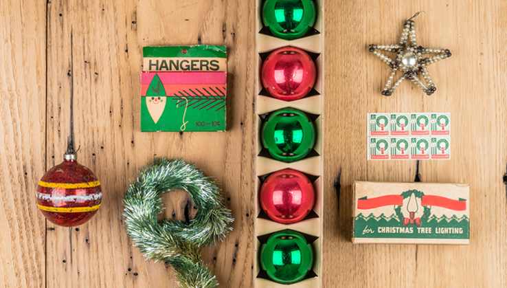 retro holiday ornaments and boxes