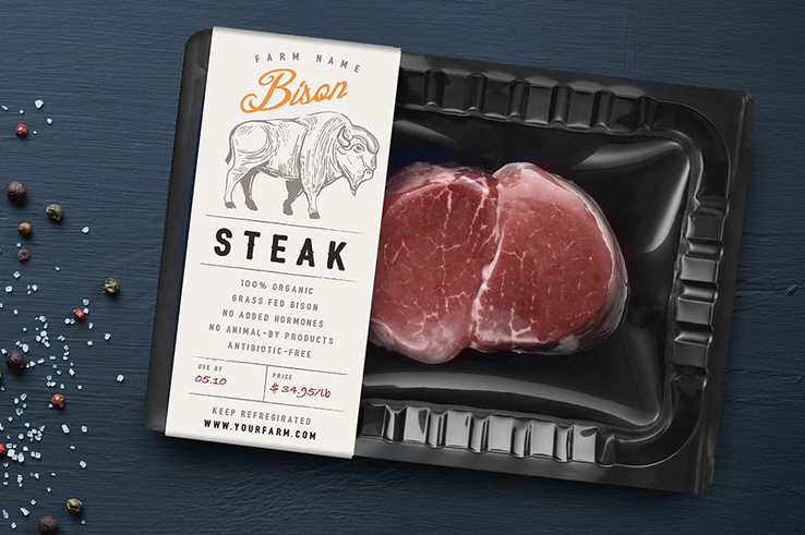 Bison steak vintage engraving and packaging
