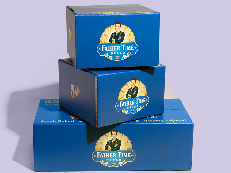 Packlane's blue shipping box for Father Time Bread
