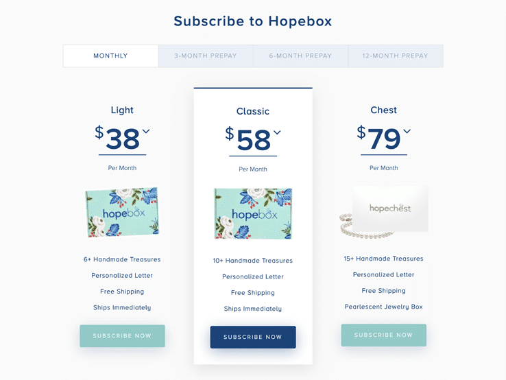 Hopebox's subscription box pricing model